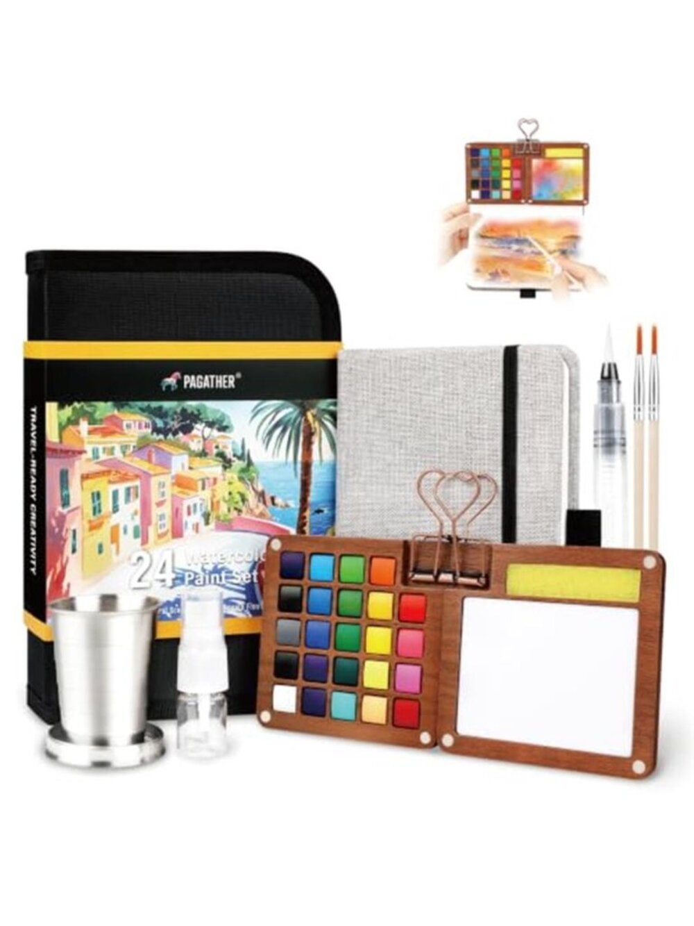 Pagather Travel Watercolor Travel Set, 24 Colors Mini Portable Paint Kit